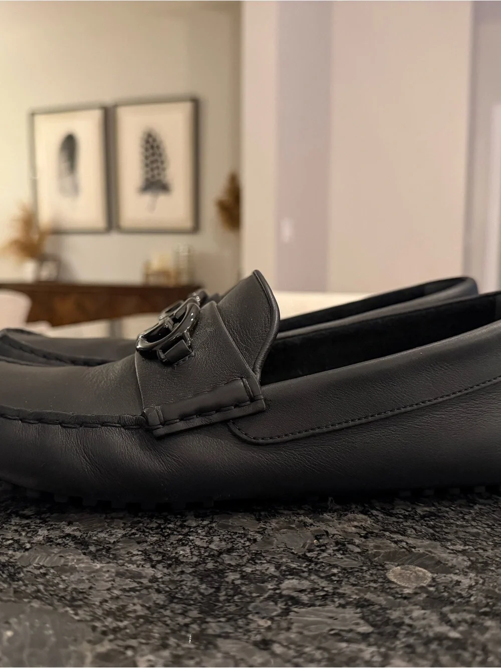 Gucci Black Leather Men's Driving Loafers with Interlocking G